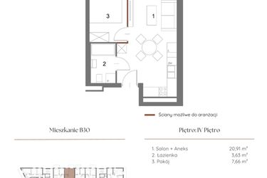 Rzut - Mieszkanie na sprzedaż 1 pokój o powierzchni 32,65 m² - numer B30 w Dąbrowskiego 9