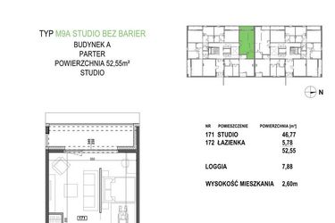 Rzut - Mieszkanie na sprzedaż 1 pokój o powierzchni 52,55 m² - numer M9A.P1 w Apartamenty Żorska
