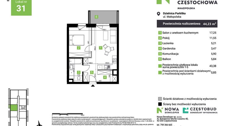 Rzut - Mieszkanie na sprzedaż 2 pokoje o powierzchni 44,23 m² - numer E31 w Nowa Częstochowa Małopolska etap II