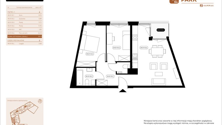 Rzut - Mieszkanie na sprzedaż 3 pokoje o powierzchni 59,12 m² - numer 1.10 w Białoprądnicka Park