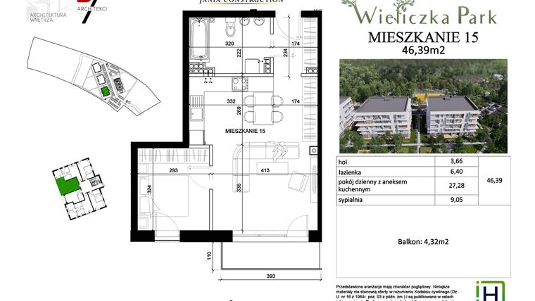 Rzut - Mieszkanie na sprzedaż 2 pokoje o powierzchni 46,39 m² - numer 15 w Wieliczka Park etap I