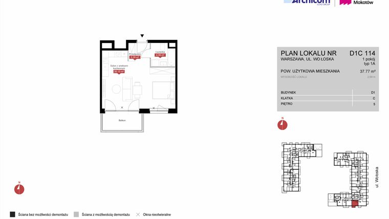 Rzut - Mieszkanie na sprzedaż 1 pokój o powierzchni 37,77 m² - numer D1C 114 w Modern Mokotów etap 4, budynek D1 i D2