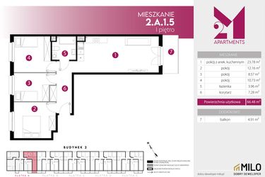 Rzut - Mieszkanie na sprzedaż 4 pokoje o powierzchni 66,48 m² - numer 2.A.1.5 w Maślice Wrocław Milo Dobry Deweloper etap III