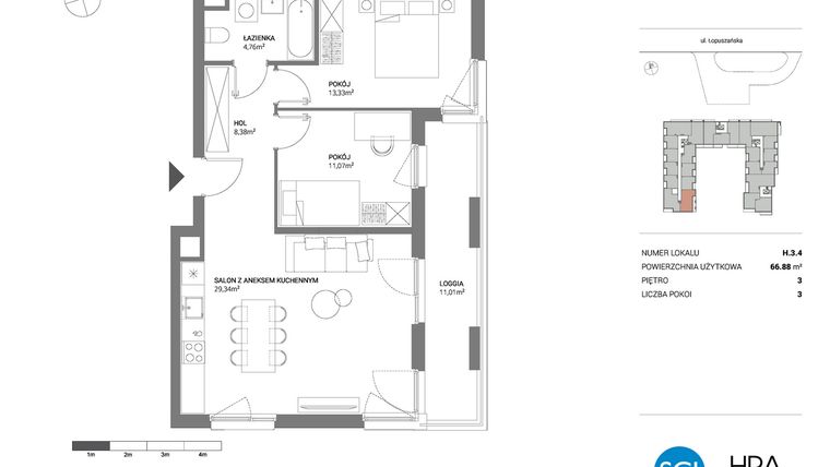 Rzut - Mieszkanie na sprzedaż 3 pokoje o powierzchni 66,88 m² - numer H.3.4 w Łopuszańska 47 - etap 3