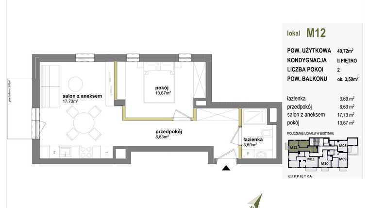 Rzut - Mieszkanie na sprzedaż 2 pokoje o powierzchni 40,72 m² - numer M12 w Międzylesie przy lesie