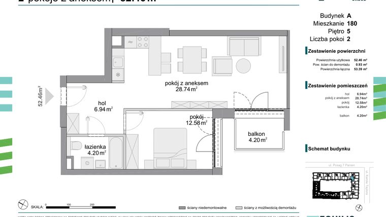 Rzut - Mieszkanie na sprzedaż 2 pokoje o powierzchni 52,46 m² - numer 180 w Osiedle Fokus Ursus