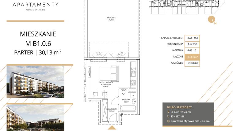Rzut - Mieszkanie na sprzedaż 1 pokój o powierzchni 30,13 m² - numer B1.0.6 w Apartamenty Nowe Miasto