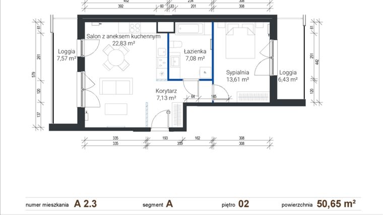 Rzut - Mieszkanie na sprzedaż 2 pokoje o powierzchni 50,65 m² - numer A 2.3 w Nowe Zabłocie