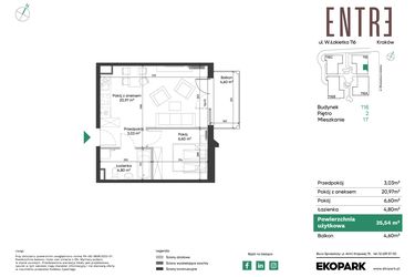 Rzut - Mieszkanie na sprzedaż 2 pokoje o powierzchni 35,54 m² - numer 116-M17 w Entre