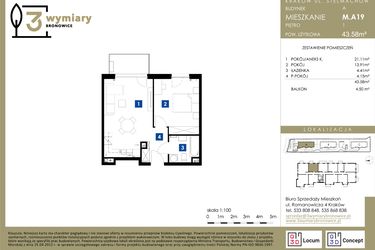 Rzut - Mieszkanie na sprzedaż 2 pokoje o powierzchni 43,58 m² - numer M.A19 w 3 Wymiary Bronowice