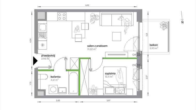 Rzut - Mieszkanie na sprzedaż 2 pokoje o powierzchni 38,72 m² - numer 1/A/3/12 w Sochaczewska Vita