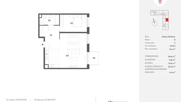 Rzut - Mieszkanie na sprzedaż 2 pokoje o powierzchni 61,3 m² - numer A3.0.3 w Mieszkaj w Mieście - Załęska od Nowa