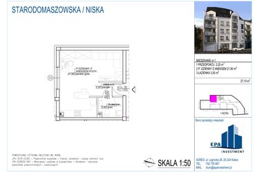 Rzut - Mieszkanie na sprzedaż 1 pokój o powierzchni 27,1 m² - numer 1 w Kamienica przy ul. Starodomaszowskiej
