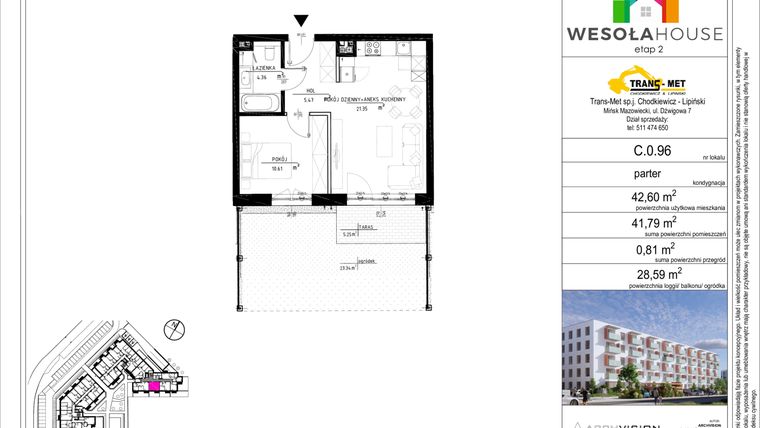 Rzut - Mieszkanie na sprzedaż 2 pokoje o powierzchni 41,79 m² - numer C.0.96 w Wesoła House Etap II
