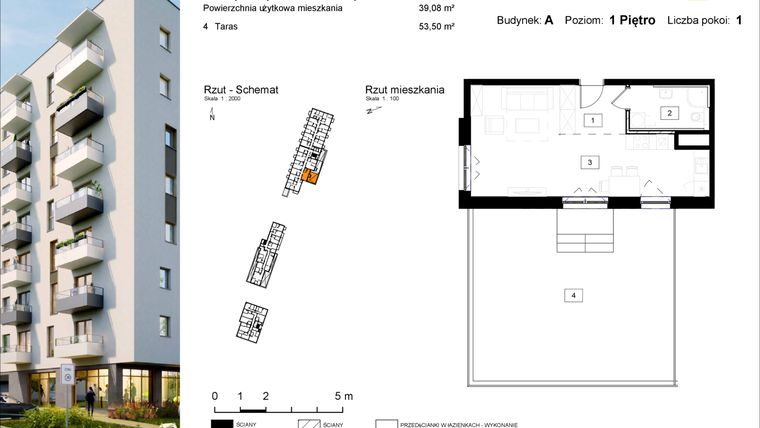 Rzut - Mieszkanie na sprzedaż 1 pokój o powierzchni 39,08 m² - numer A.2 w Osiedle Kochanowskiego - Gliwice