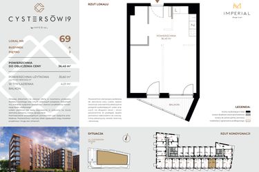 Rzut - Mieszkanie na sprzedaż 1 pokój o powierzchni 36,45 m² - numer 69 w Cystersów 19 - lokale inwestycyjne