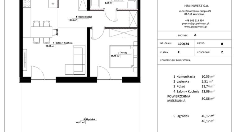 Rzut - Mieszkanie na sprzedaż 2 pokoje o powierzchni 50,86 m² - numer 10D/24 w Jasielska 8C etap II