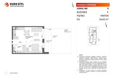 Rzut - Mieszkanie na sprzedaż 2 pokoje o powierzchni 34,02 m² - numer E.5 w Osiedle Synteza etap IV
