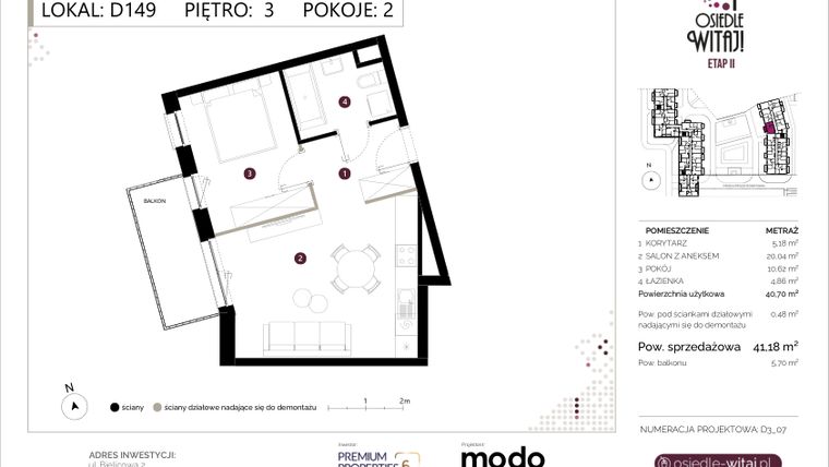 Rzut - Mieszkanie na sprzedaż 2 pokoje o powierzchni 41,18 m² - numer D149 w Osiedle Witaj etap II