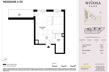 Rzut - Mieszkanie na sprzedaż 1 pokój o powierzchni 34,93 m² - numer A125 w Witosa Park