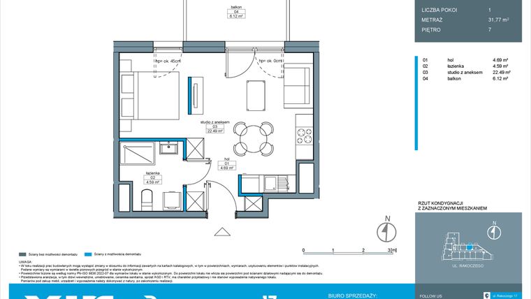 Rzut - Mieszkanie na sprzedaż 1 pokój o powierzchni 31,77 m² - numer A.7.2 w Rakoczego 17