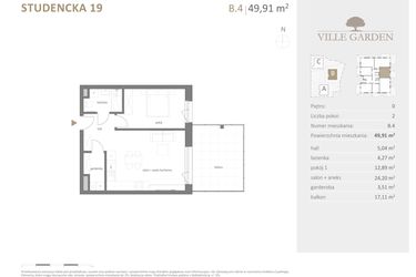 Rzut - Mieszkanie na sprzedaż 2 pokoje o powierzchni 49,89 m² - numer B.04 w Ville Garden