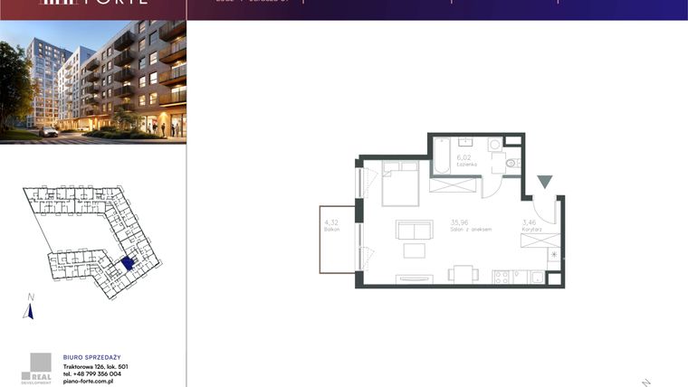 Rzut - Mieszkanie na sprzedaż 1 pokój o powierzchni 45,45 m² - numer C.3.103 w Piano