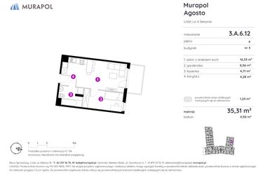 Rzut - Mieszkanie na sprzedaż 1 pokój o powierzchni 35,31 m² - numer 3.A.6.12 w Murapol Agosto