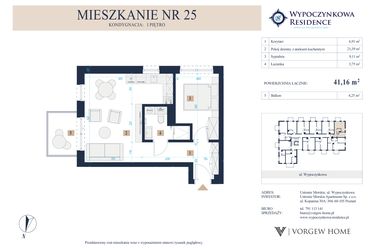 Rzut - Mieszkanie na sprzedaż 2 pokoje o powierzchni 41,16 m² - numer 25 w Wypoczynkowa Residence