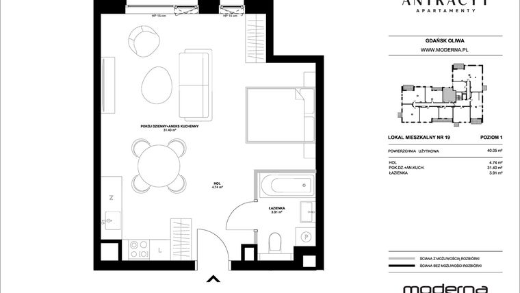 Rzut - Mieszkanie na sprzedaż 1 pokój o powierzchni 40,05 m² - numer 19 w Antracyt