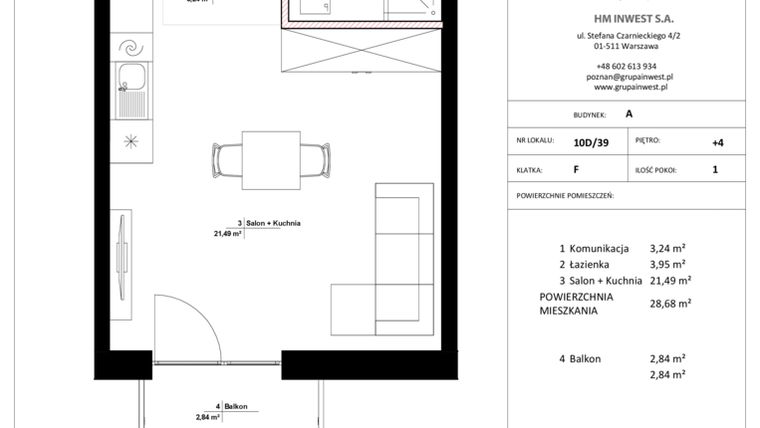 Rzut - Mieszkanie na sprzedaż 1 pokój o powierzchni 28,68 m² - numer 10D/39 w Jasielska 8C etap II