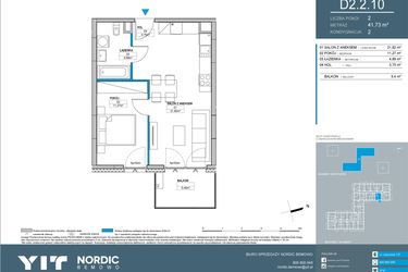 Rzut - Mieszkanie na sprzedaż 2 pokoje o powierzchni 41,74 m² - numer D2.2.10 w Nordic Bemowo - etap IV