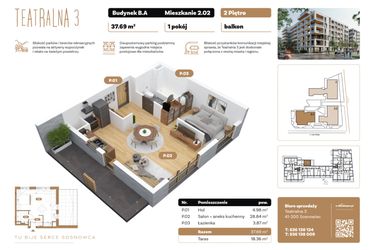 Rzut - Mieszkanie na sprzedaż 1 pokój o powierzchni 37,69 m² - numer B2.A.02 w Teatralna 3