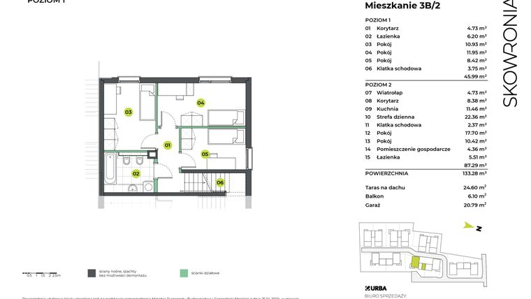 Rzut - Mieszkanie na sprzedaż 6 pokoi o powierzchni 133,28 m² - numer 3BL/2 w Skowronia