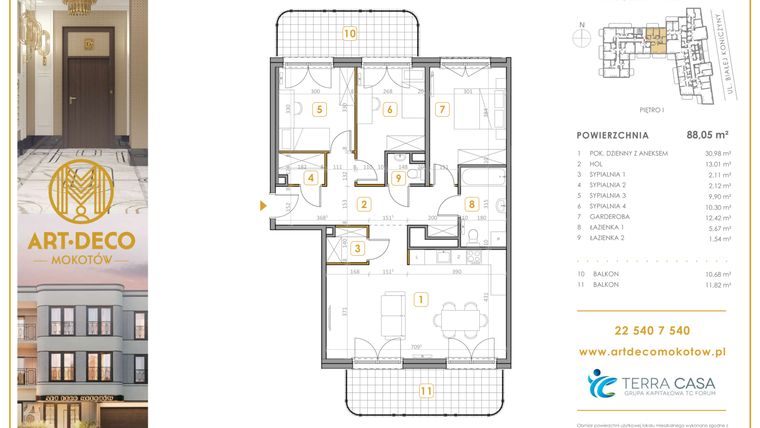 Rzut - Mieszkanie na sprzedaż 4 pokoje o powierzchni 88,05 m² - numer M17 w Art Deco Mokotów Pola