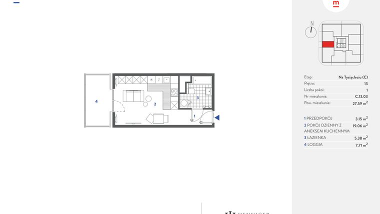 Rzut - Mieszkanie na sprzedaż 1 pokój o powierzchni 27,59 m² - numer C.13.03 w Mieszkaj w mieście - Na Tysiącleciu budynek C