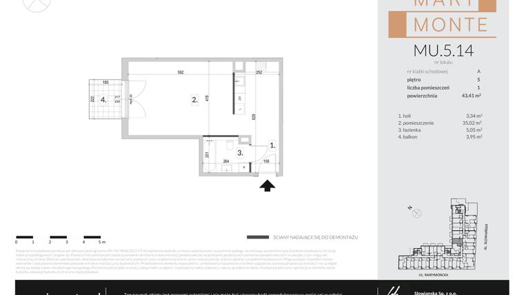 Rzut - Mieszkanie na sprzedaż 1 pokój o powierzchni 43,41 m² - numer MU.5.14 w Marimonte - apartamenty inwestycyjne