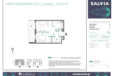 Rzut - Mieszkanie na sprzedaż 2 pokoje o powierzchni 37,43 m² - numer A.06 w Osiedle Salvia