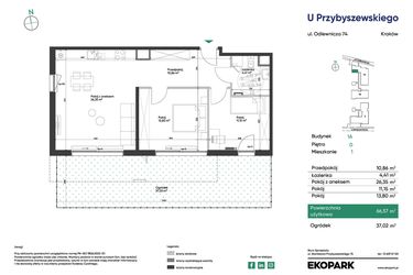 Rzut - Mieszkanie na sprzedaż 3 pokoje o powierzchni 66,57 m² - numer 1A_M1 w U Przybyszewskiego etap 4