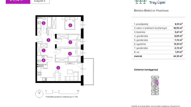 Rzut - Mieszkanie na sprzedaż 2 pokoje o powierzchni 64,1 m² - numer 3.A.2.10 w Murapol Trzy Lipki etap II