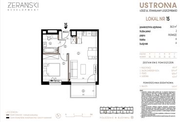 Rzut - Mieszkanie na sprzedaż 2 pokoje o powierzchni 38,22 m² - numer A015 w Ustronna