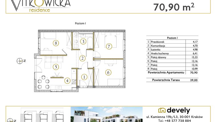 Rzut - Mieszkanie na sprzedaż 4 pokoje o powierzchni 70,9 m² - numer E3B9A w Vitkowicka Residence
