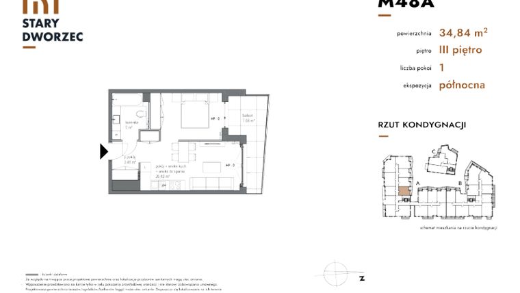 Rzut - Mieszkanie na sprzedaż 1 pokój o powierzchni 34,84 m² - numer M 48A w Stary Dworzec