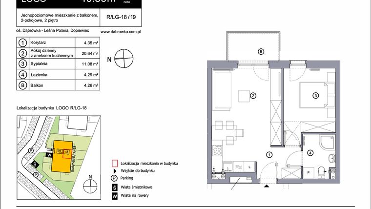 Rzut - Mieszkanie na sprzedaż 2 pokoje o powierzchni 40,36 m² - numer R_LG-18_19 w os. Dąbrówka – Leśna Polana