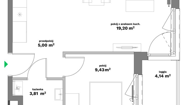 Rzut - Mieszkanie na sprzedaż 2 pokoje o powierzchni 37,44 m² - numer B1-8 w Forma Otwarta etap II