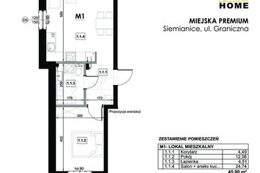Rzut - Mieszkanie na sprzedaż 2 pokoje o powierzchni 45,8 m² - numer M1 w Miejska Premium II