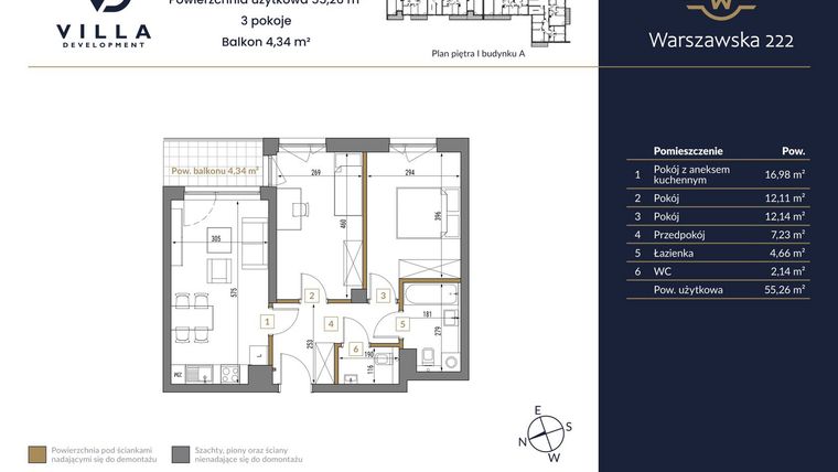 Rzut - Mieszkanie na sprzedaż 3 pokoje o powierzchni 55,26 m² - numer 11A w Warszawska 222
