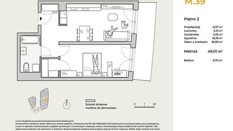 Rzut - Mieszkanie na sprzedaż 2 pokoje o powierzchni 49,01 m² - numer M39 w Baja Piaśniki