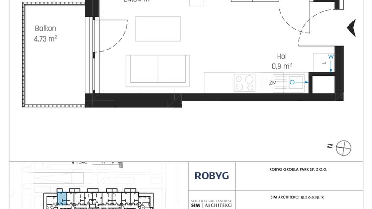 Rzut - Mieszkanie na sprzedaż 1 pokój o powierzchni 29,85 m² - numer J.1M12 w Nadmotławie Apartments etap J