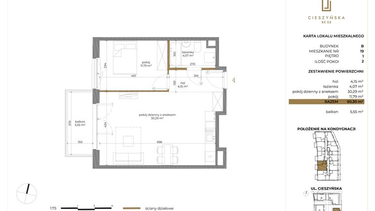 Rzut - Mieszkanie na sprzedaż 2 pokoje o powierzchni 50,26 m² - numer B-19 w Cieszyńska 9 budynek B i C